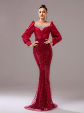 Red Panel Sequin Long Sleeve Mermaid Evening Dress